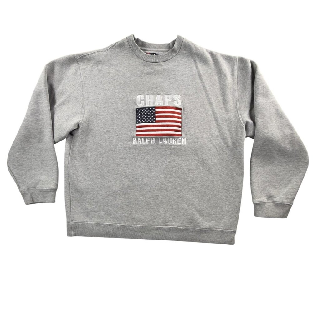 Vintage Chaps Ralph Lauren Sweatshirt Mens Large Gray Big American Flag 90s Y2K